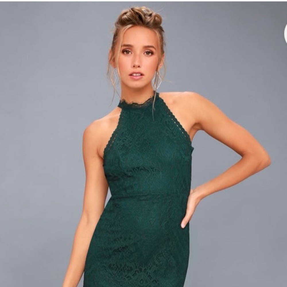 Lulu’s Kiss Me at Midnight Lace Halter Midi Bodycon Dress